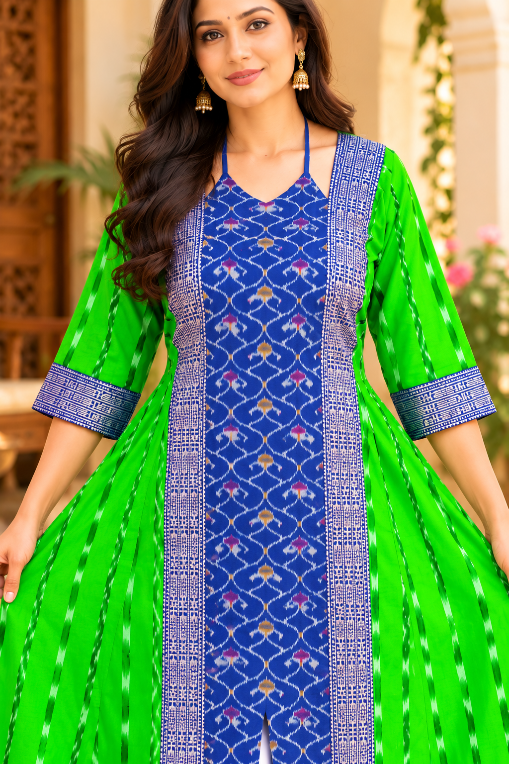Women’s Sambalpuri Ikat Green Anarkali Kurti with Royal Blue Designer Border