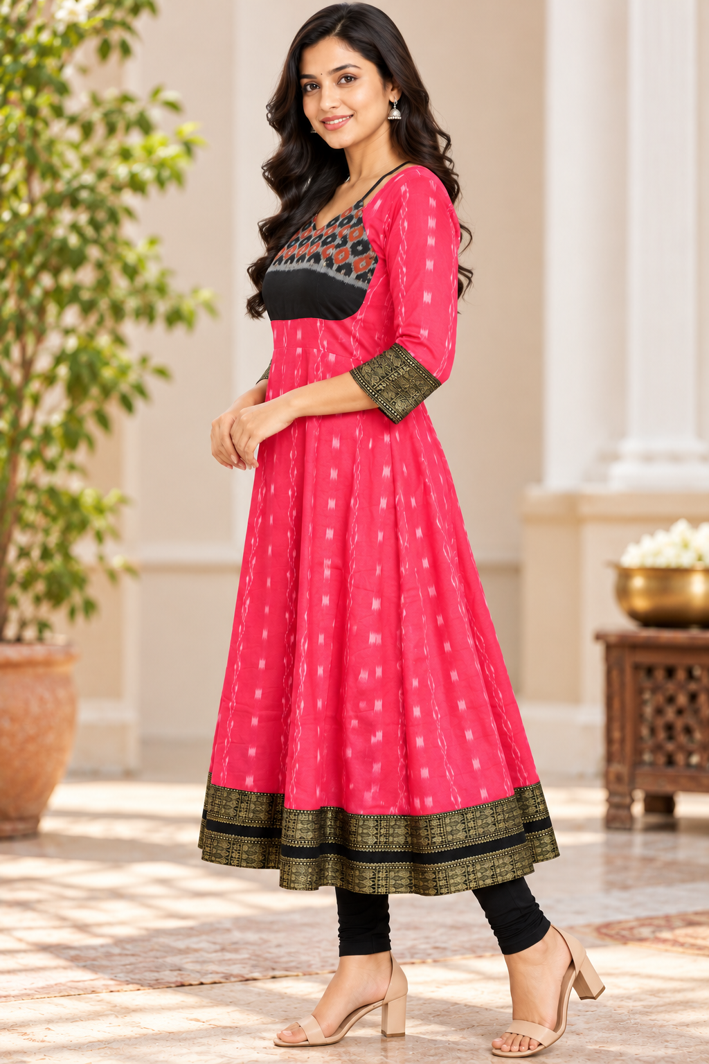 Women’s Pink Sambalpuri Ikat Anarkali Kurti with Black and Antique Gold Border