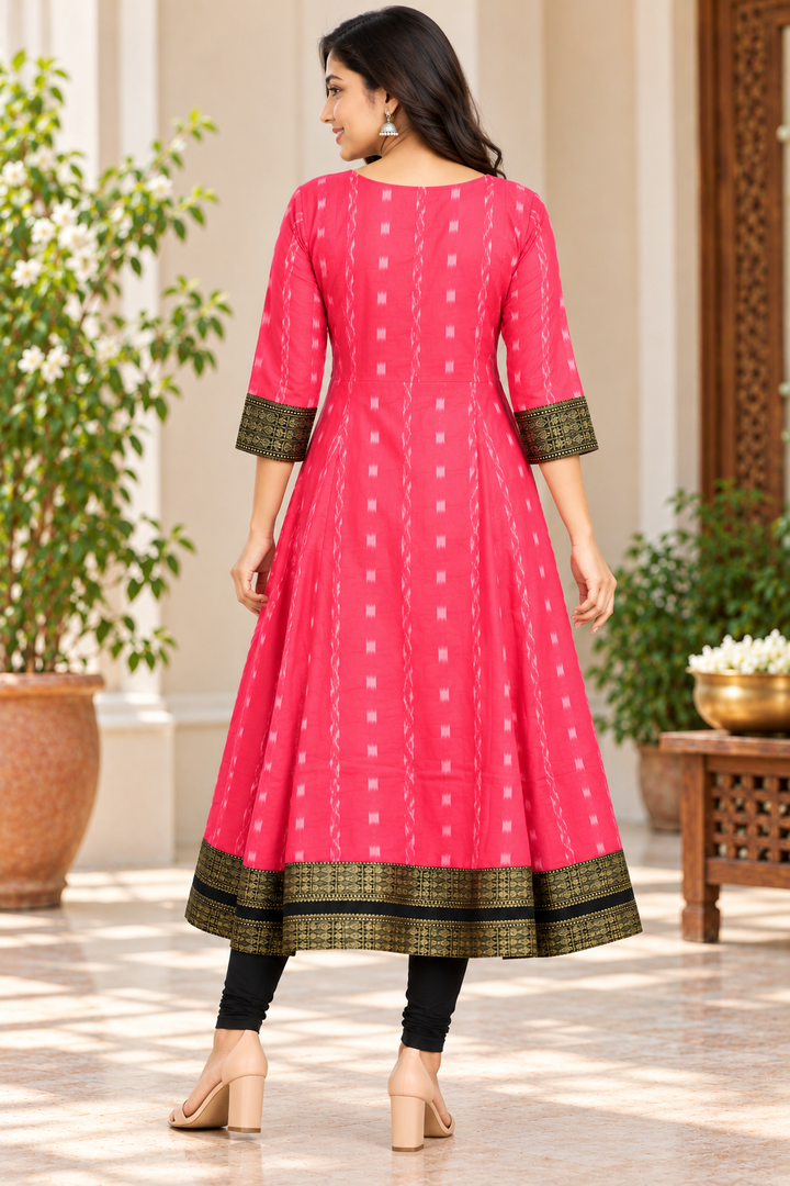Women’s Pink Sambalpuri Ikat Anarkali Kurti with Black and Antique Gold Border