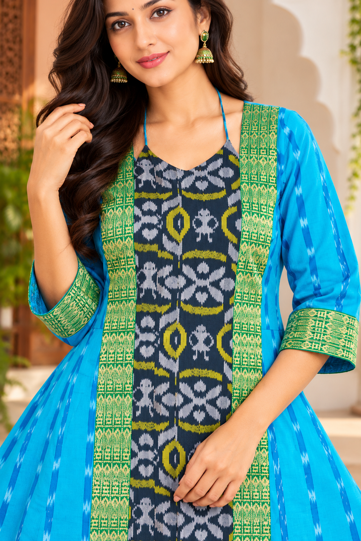 Women’s Turquoise Blue Sambalpuri Ikat Anarkali Kurti with Green Border