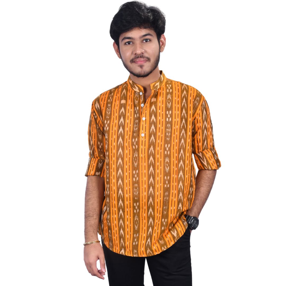 Sambalpuri Handloom Full-sleeve Cotton Kurta for Men in Yellow
