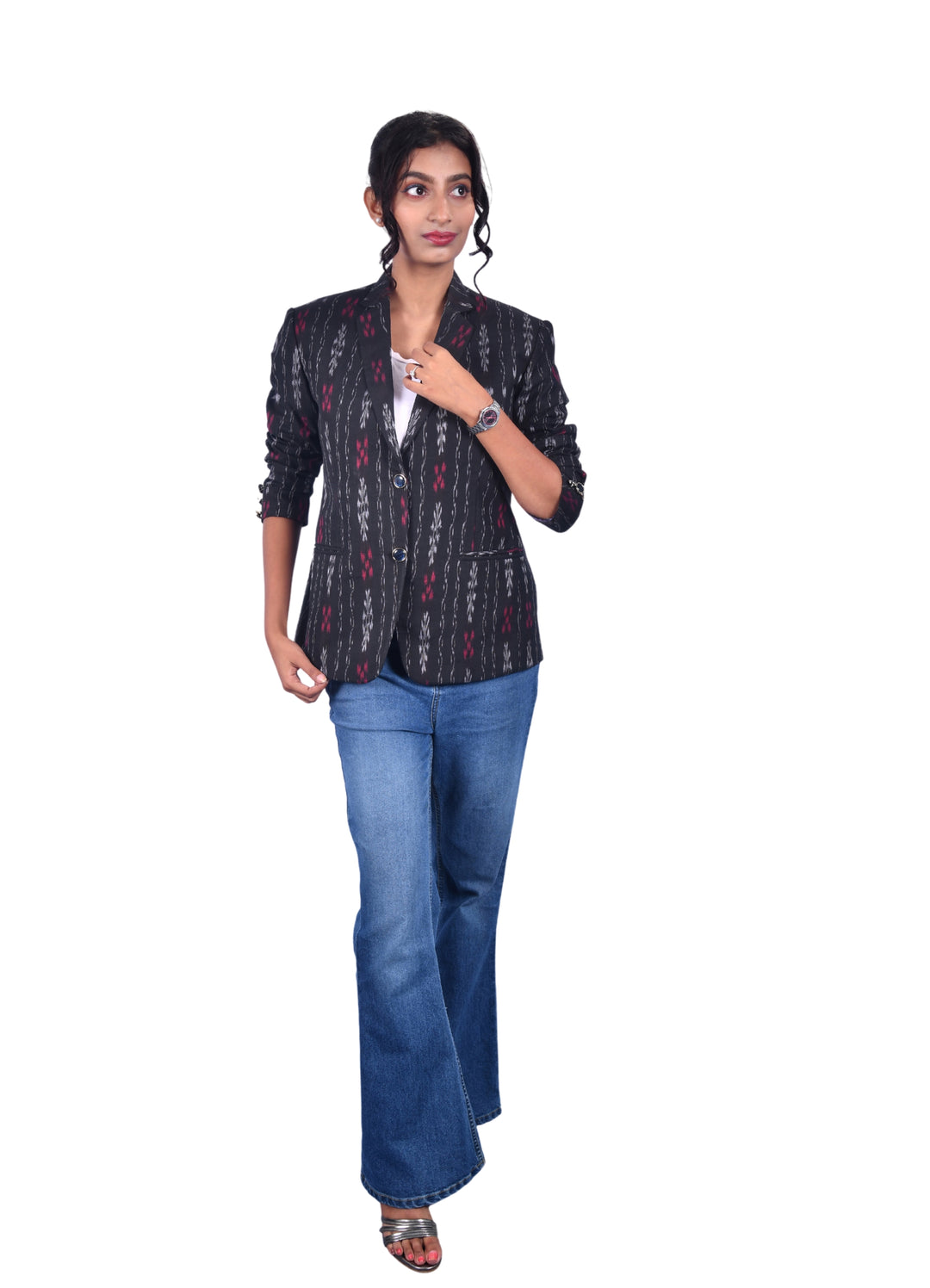 Women Blazer - Hand-woven Sambalpuri Full-sleeve Black Women Blazer