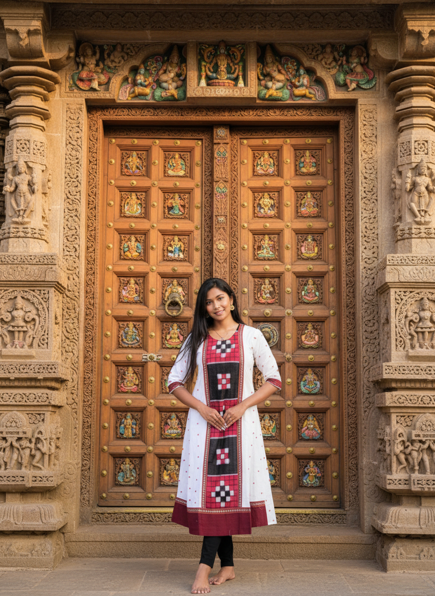 Sambalpuri Women’s Kurti – White with Maroon Border and Black-Red Ikat Panel Detailing in Traditional Pattern
