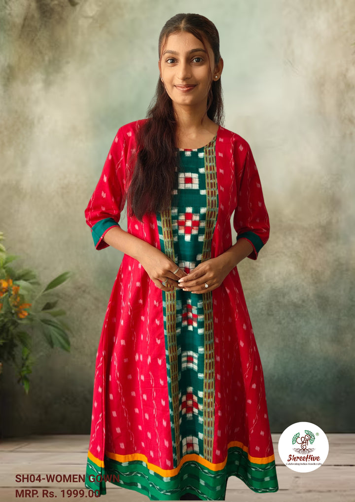 Queens Design Authentic Sambalpuri Kurta– Red & Green Festive Fusion