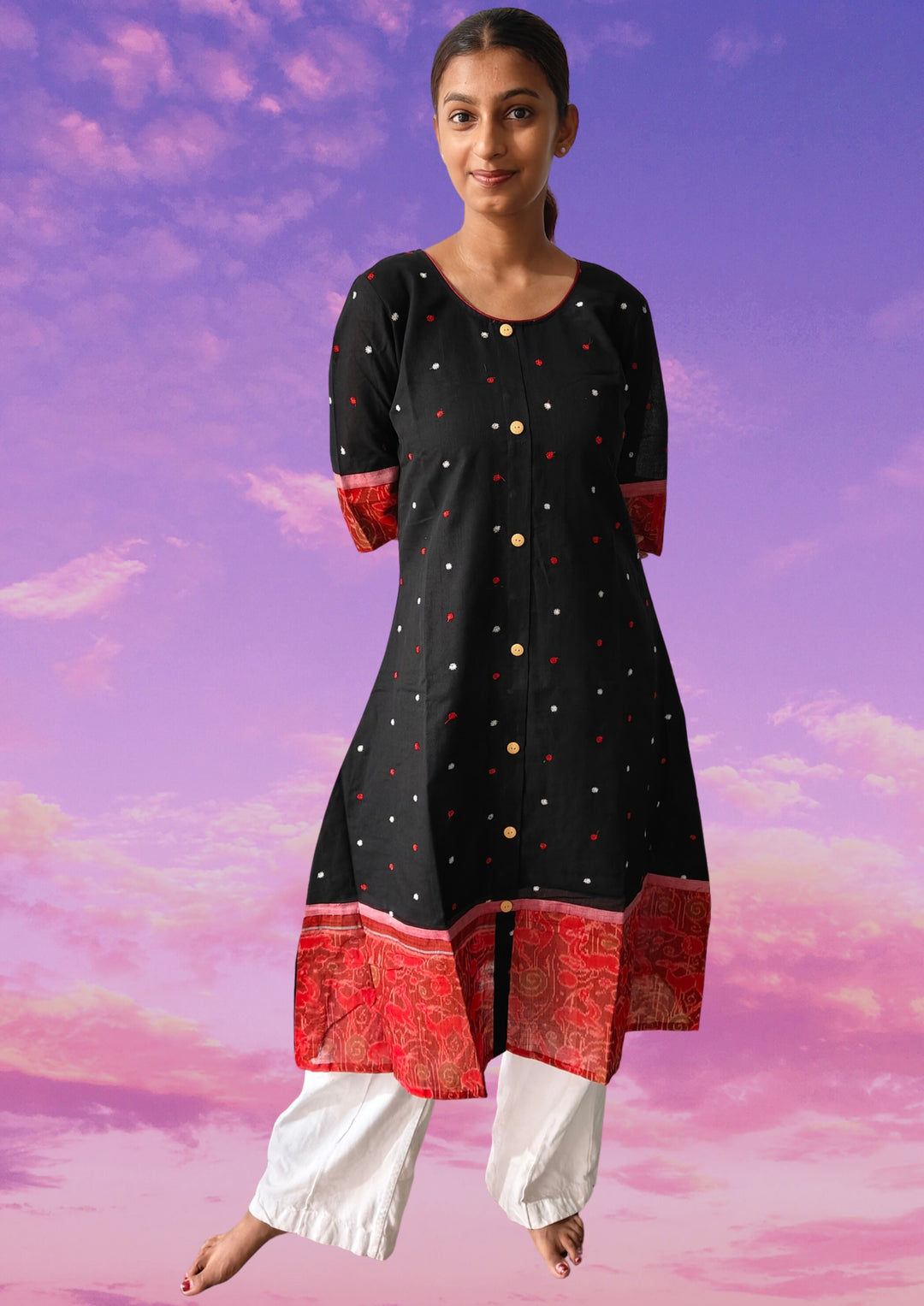 Midnight Blossom – Black Sambalpuri Gown with Red Elegance