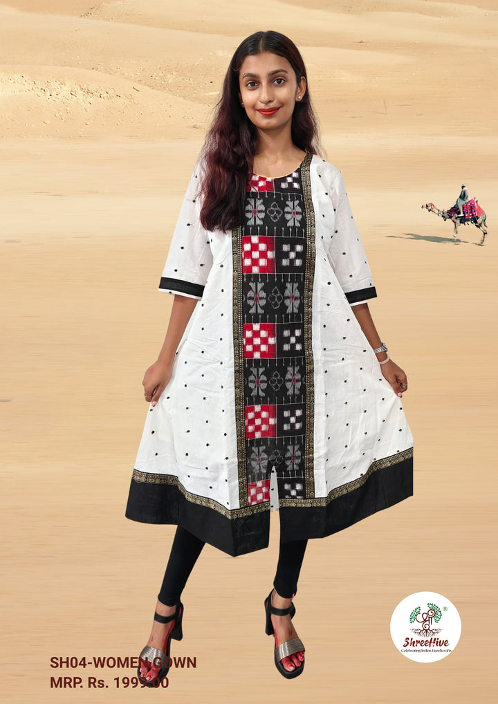 Authentic Sambalpuri Gown Design Pure Cotton Women Kurta White