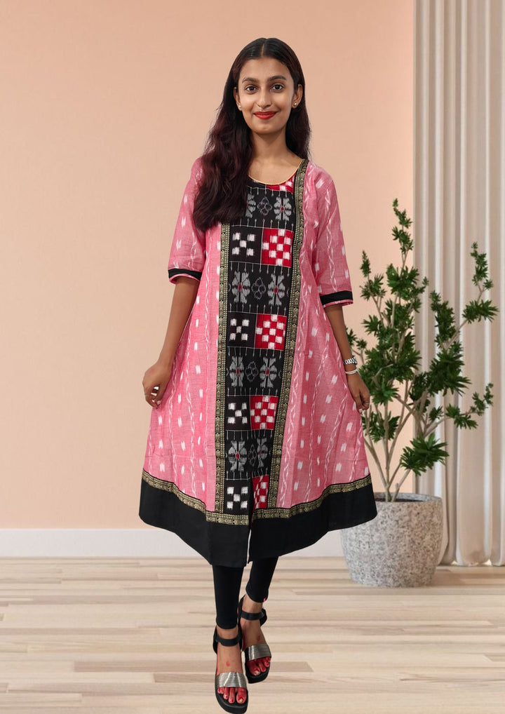 Authentic Sambalpuri Gown Design Pure Cotton Women Kurta Pink