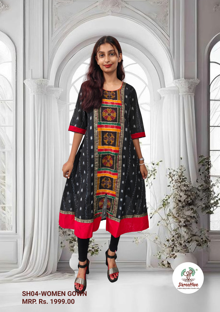 Authentic Sambalpuri Gown Design Pure Cotton Women Kurta Black