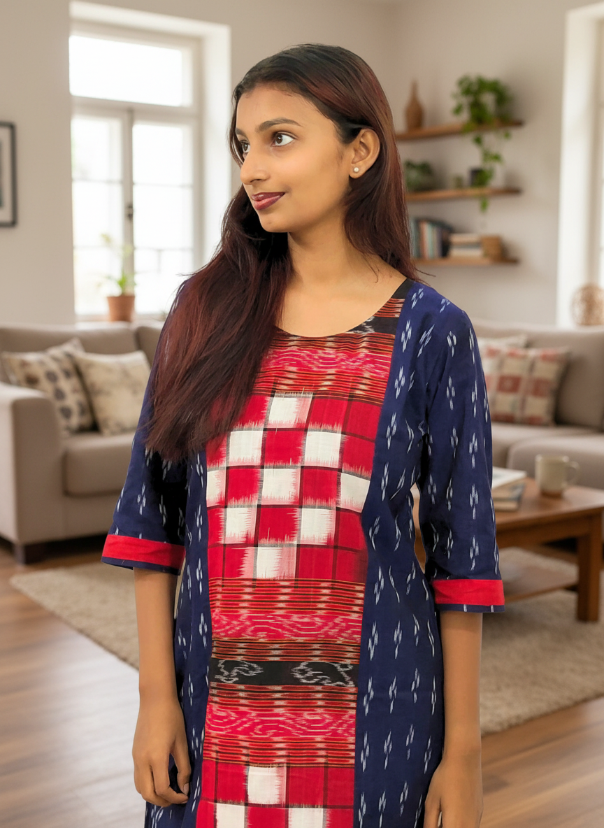 Sambalpuri Women's Kurti – Navy Blue with Red and White Pasapali Ikat Motif