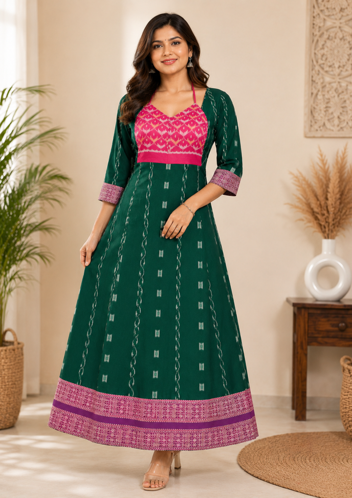 Sambalpuri Designer Flared Emerald Green Sweetheart Neck with Tie Strap