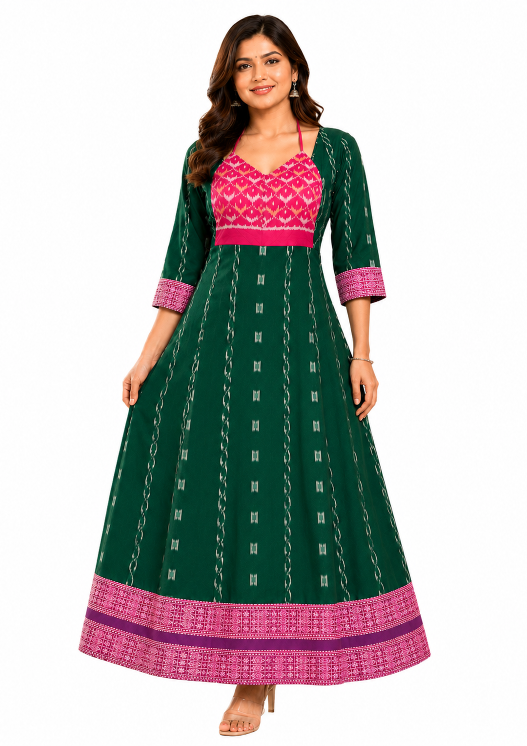 Sambalpuri Designer Flared Emerald Green Sweetheart Neck with Tie Strap