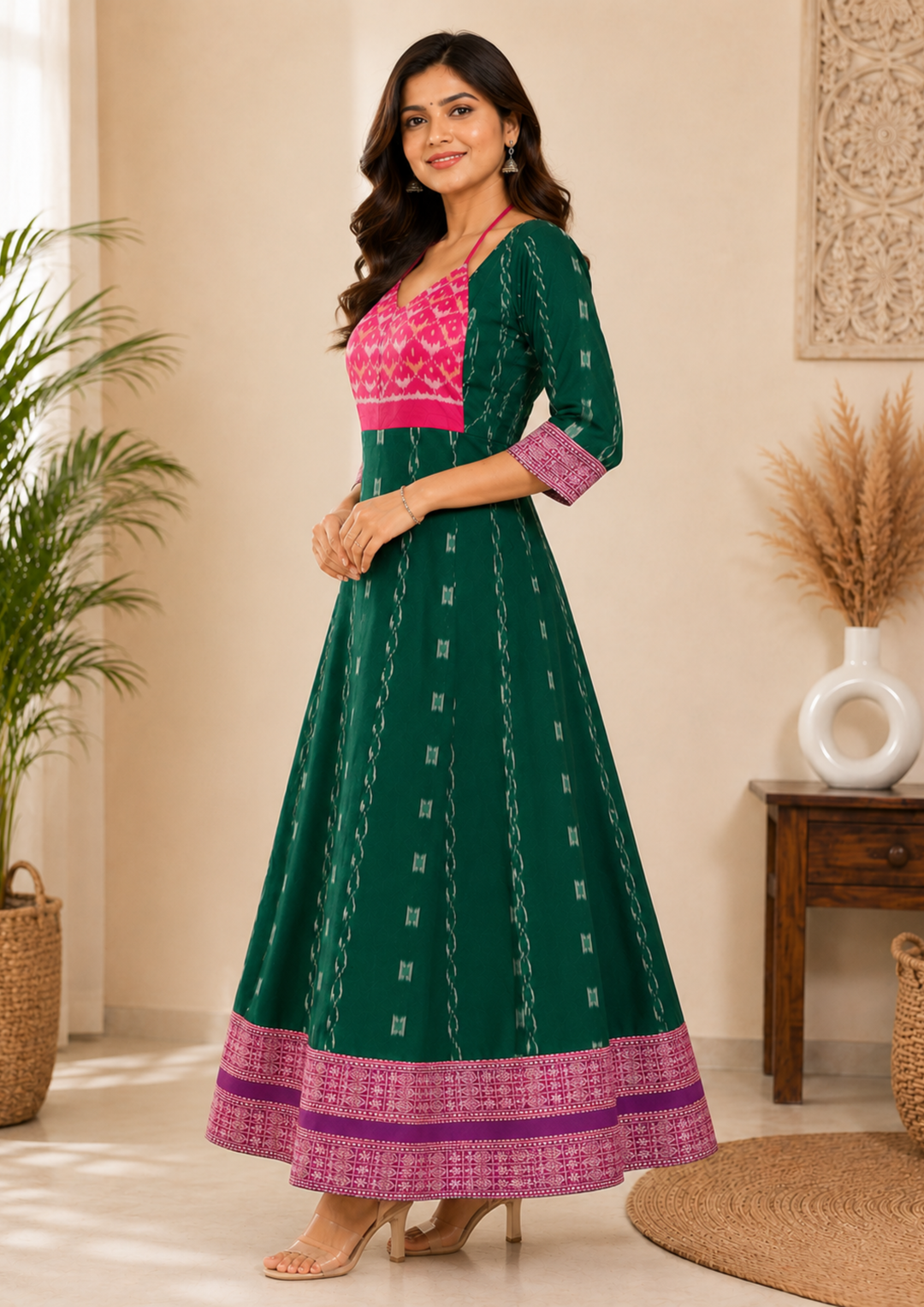 Sambalpuri Designer Flared Emerald Green Sweetheart Neck with Tie Strap