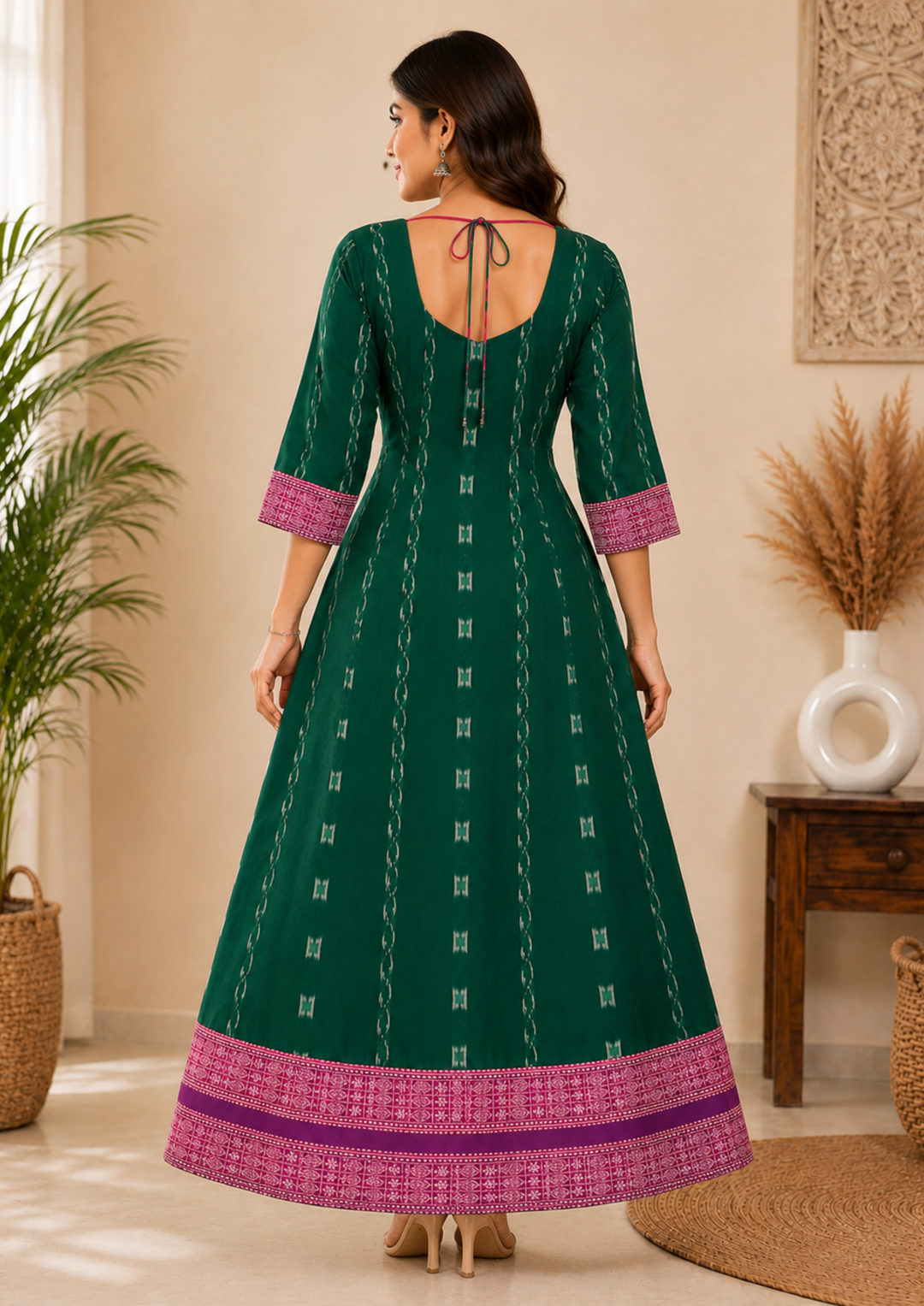 Sambalpuri Designer Flared Emerald Green Sweetheart Neck with Tie Strap