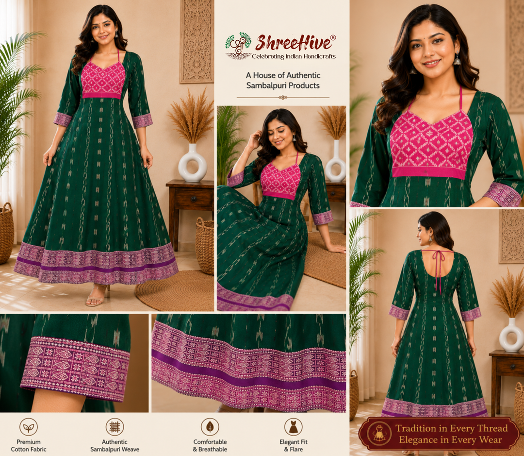 Sambalpuri Designer Flared Emerald Green Sweetheart Neck with Tie Strap