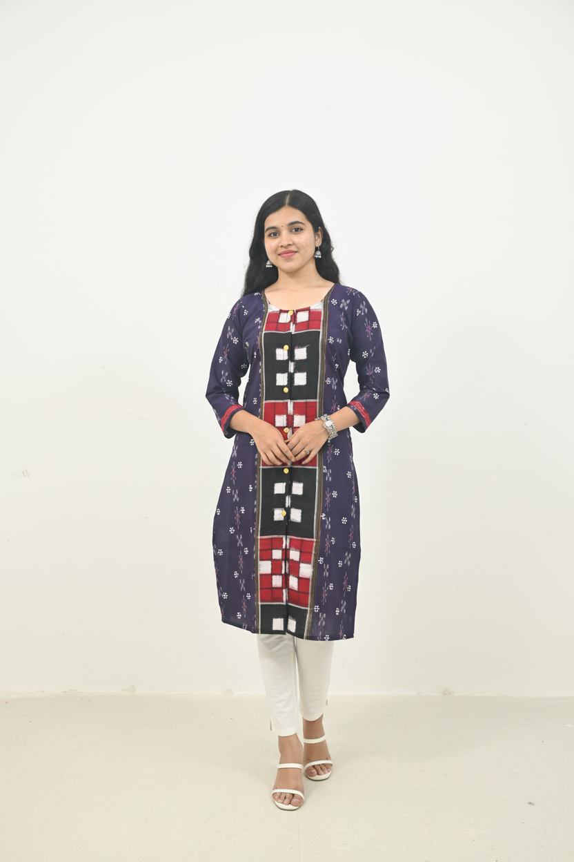 Straight Kurti - Pasapalli Motif with Blue Base