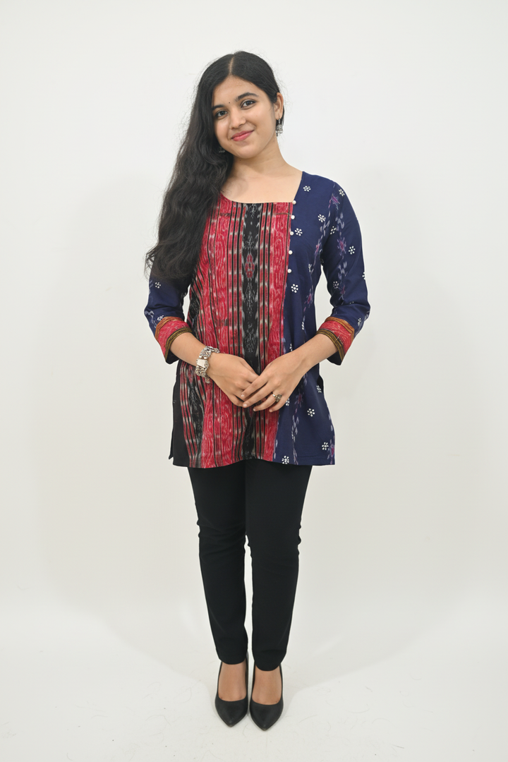 Wovio Modern Ikat Fusion Top D Neck – Blue Base with Mini Dot Motifs & Red–Black