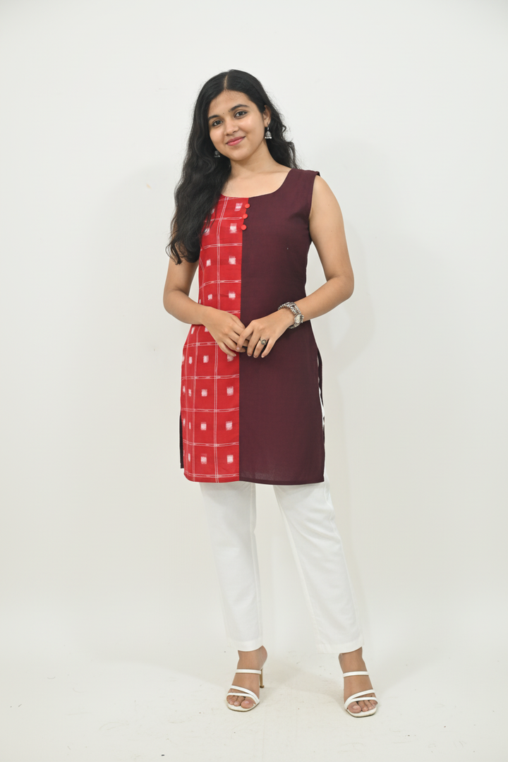 Wovio Modern Dual-Tone Ikat Dress - Red & Maroon Panel Design with Square Motif Pattern