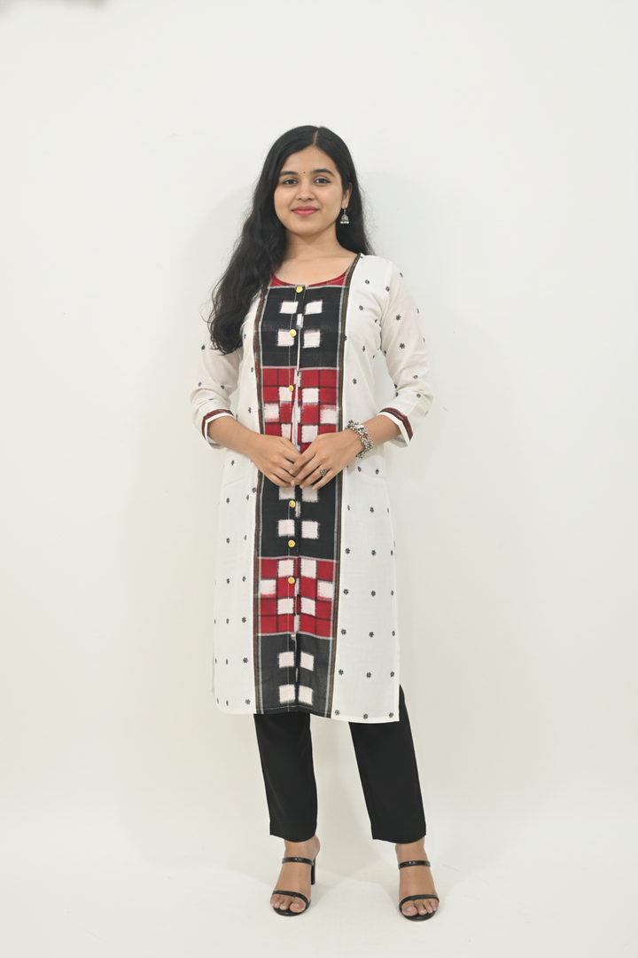 Straight Kurti - Pasapalli Motif with White Base