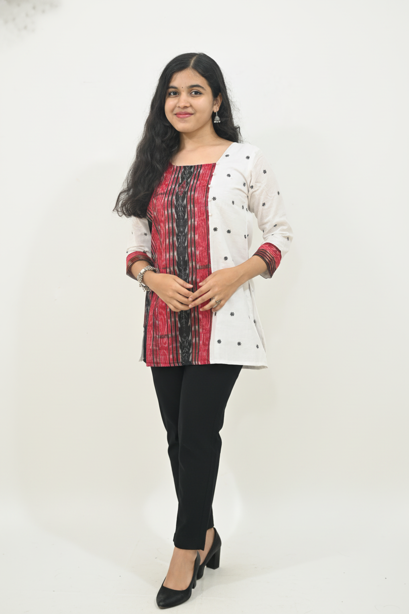 Wovio Modern Ikat Fusion Top D Neck – White Base with Mini Dot Motifs & Red–Black