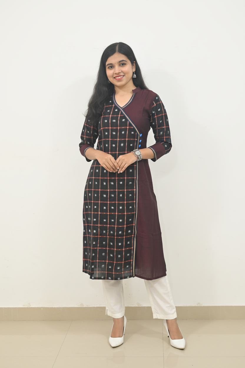 Wovio Modern Ikat Dress - Sambalpuri Checkered Overlap Design, Maroon Base with Black & Blue Highlights