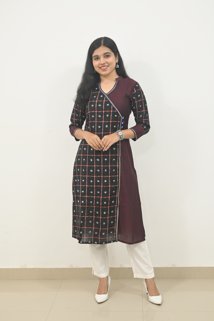 Wovio Modern Ikat Dress - Sambalpuri Checkered Overlap Design, Maroon Base with Black & Blue Highlights