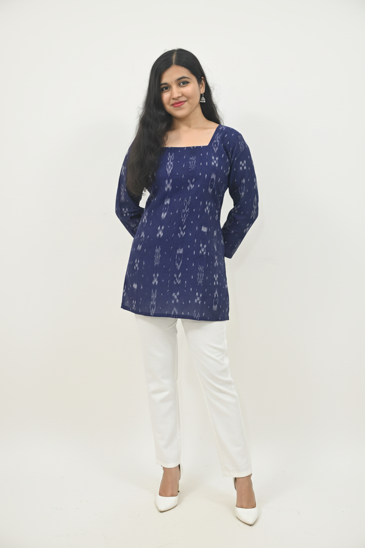 Wovio Modern Ikat Tunic - Navy Blue Base with White Motifs & Square Neck Design