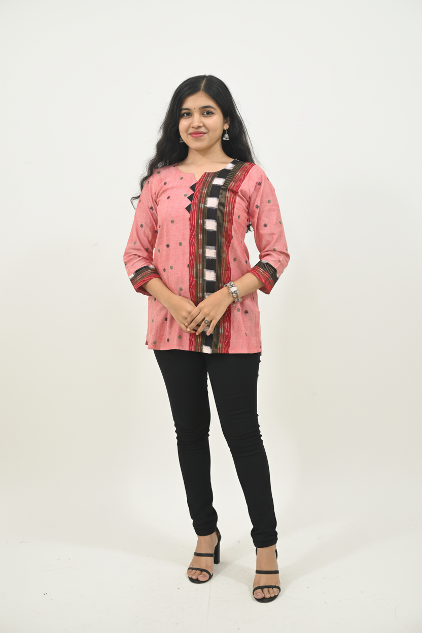 Wovio Modern Ikat Fusion Top V Neck – Pink Base with Mini Dot Motifs & Red– Black