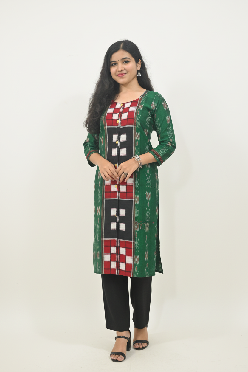 Straight Kurti - Pasapalli Motif with Green Base