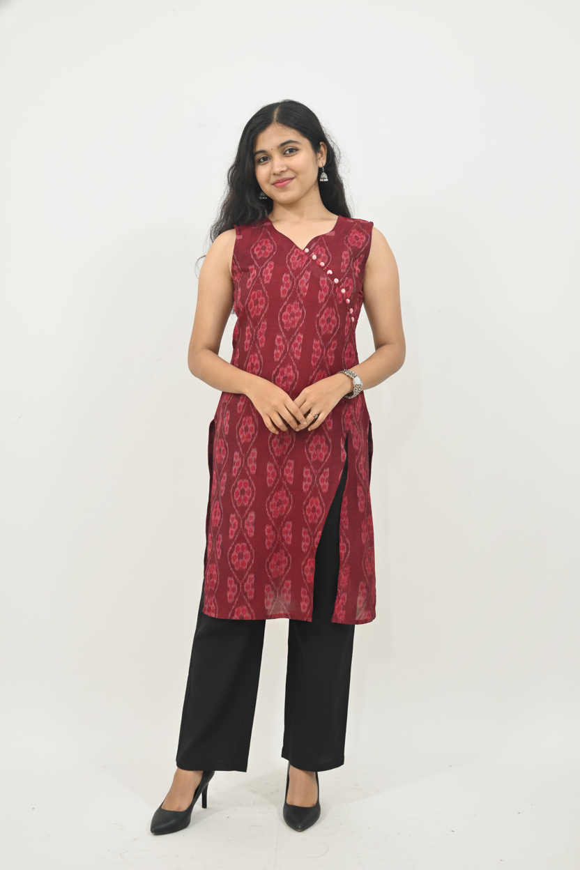 Wovio Modern Ikat Dress - Sleeveless Maroon Base with Wavy Motif & Button Accent