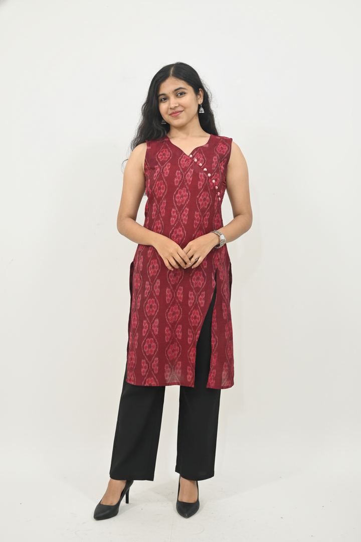 Wovio Modern Ikat Dress - Sleeveless Maroon Base with Wavy Motif & Button Accent