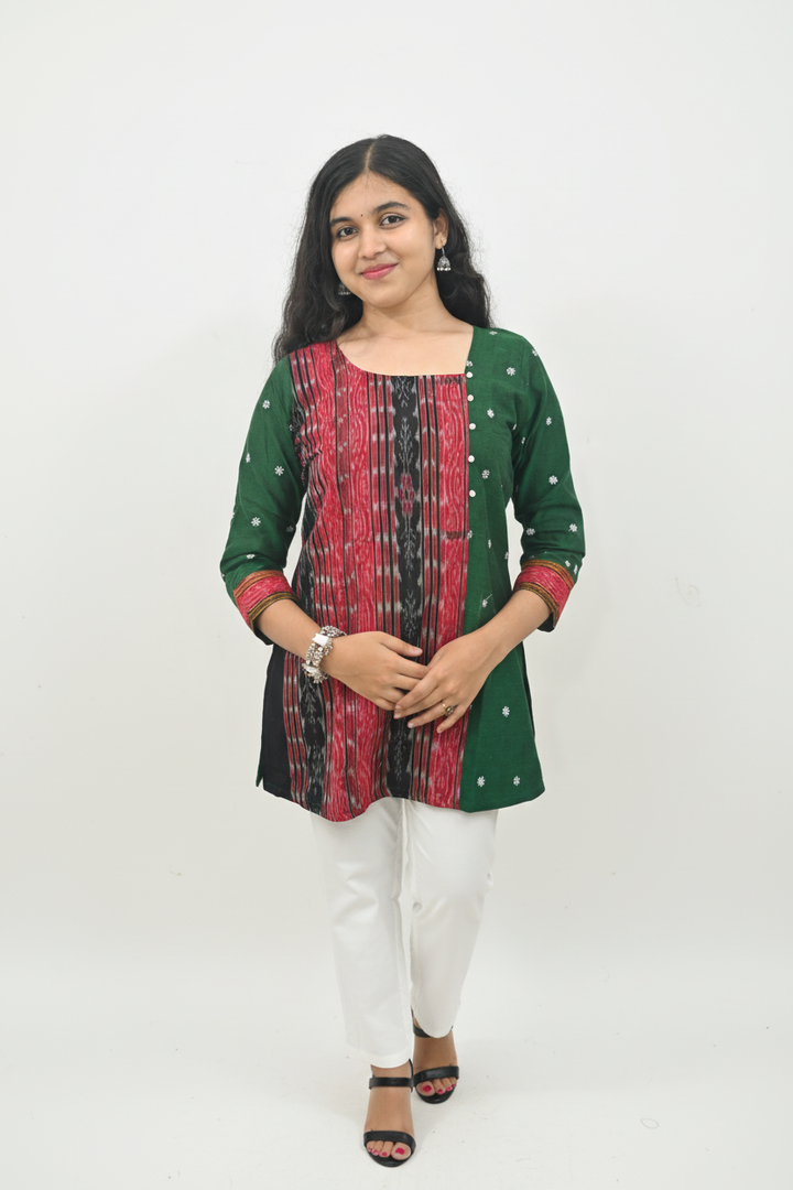 Wovio Modern Ikat Fusion Top D Neck – Green Base with Mini Dot Motifs & Red–Black