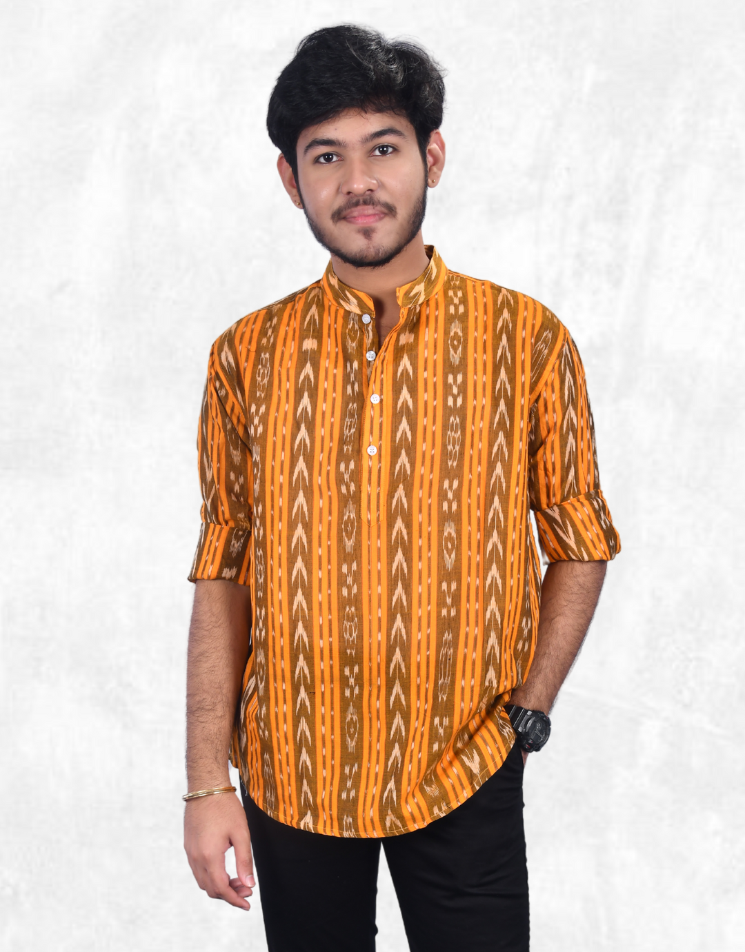 Sambalpuri Handloom Full-sleeve Cotton Kurta for Men in Yellow