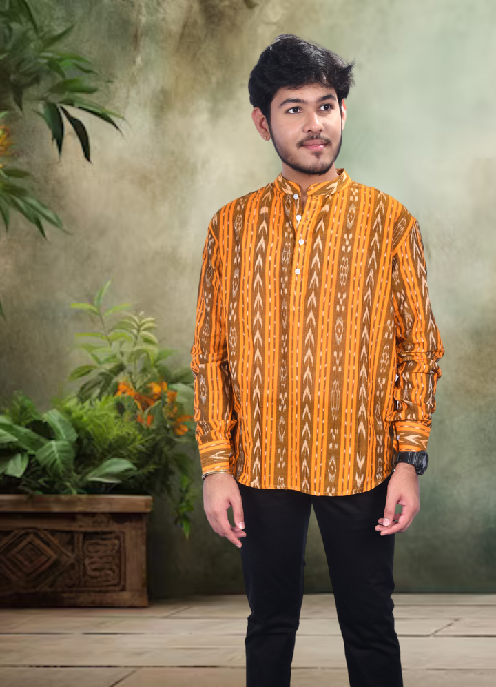 Sambalpuri Handloom Full-sleeve Cotton Kurta for Men in Yellow