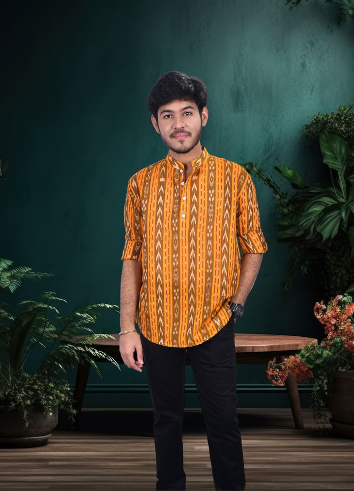 Sambalpuri Handloom Full-sleeve Cotton Kurta for Men in Yellow