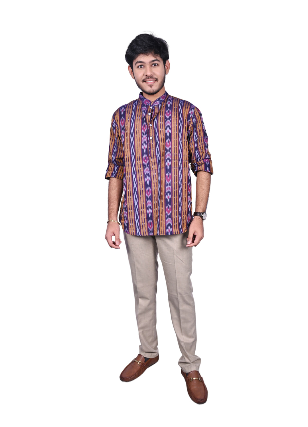 Sambalpuri Handloom Cotton Full-sleeve Short Kurta for Men in Violet