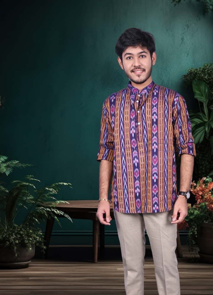 Sambalpuri Handloom Cotton Full-sleeve Short Kurta for Men in Violet