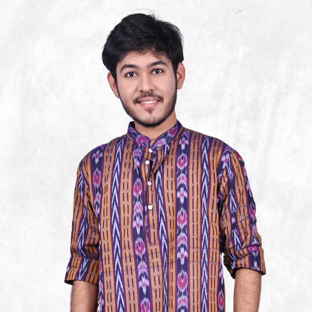 Sambalpuri Handloom Cotton Full-sleeve Short Kurta for Men in Violet