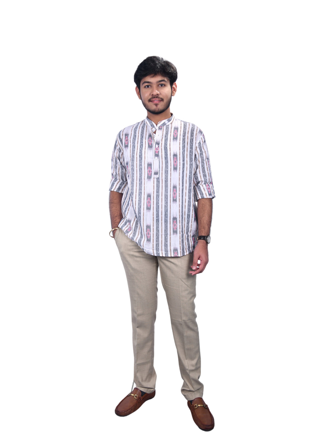 Sambalpuri Handloom Full-sleeve Cotton Kurta for Men in White & Grey