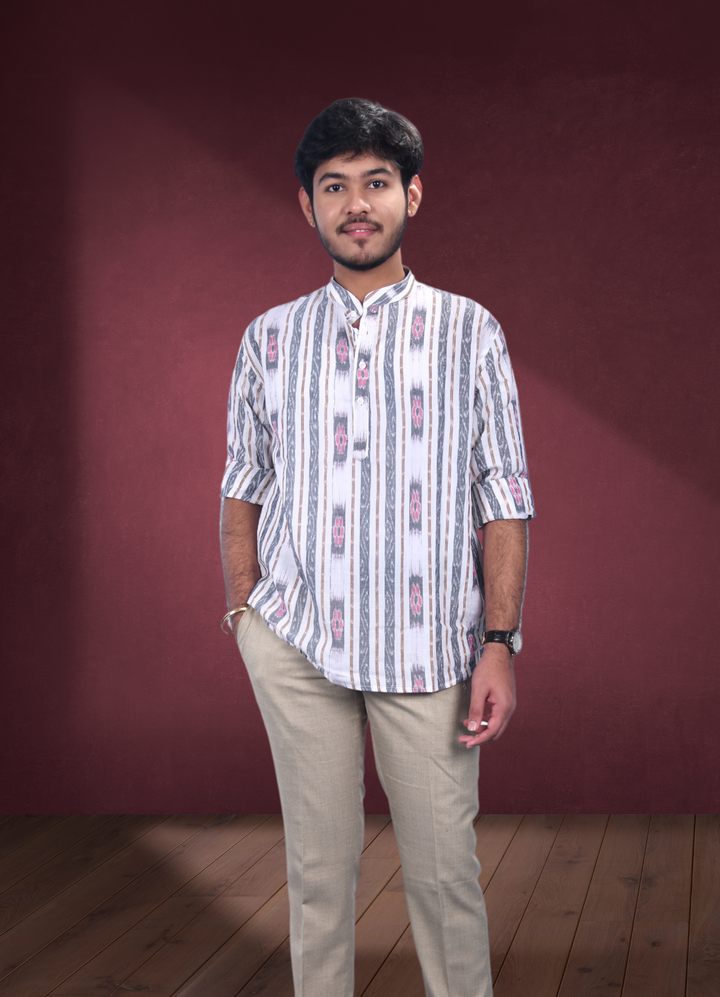Sambalpuri Handloom Full-sleeve Cotton Kurta for Men in White & Grey