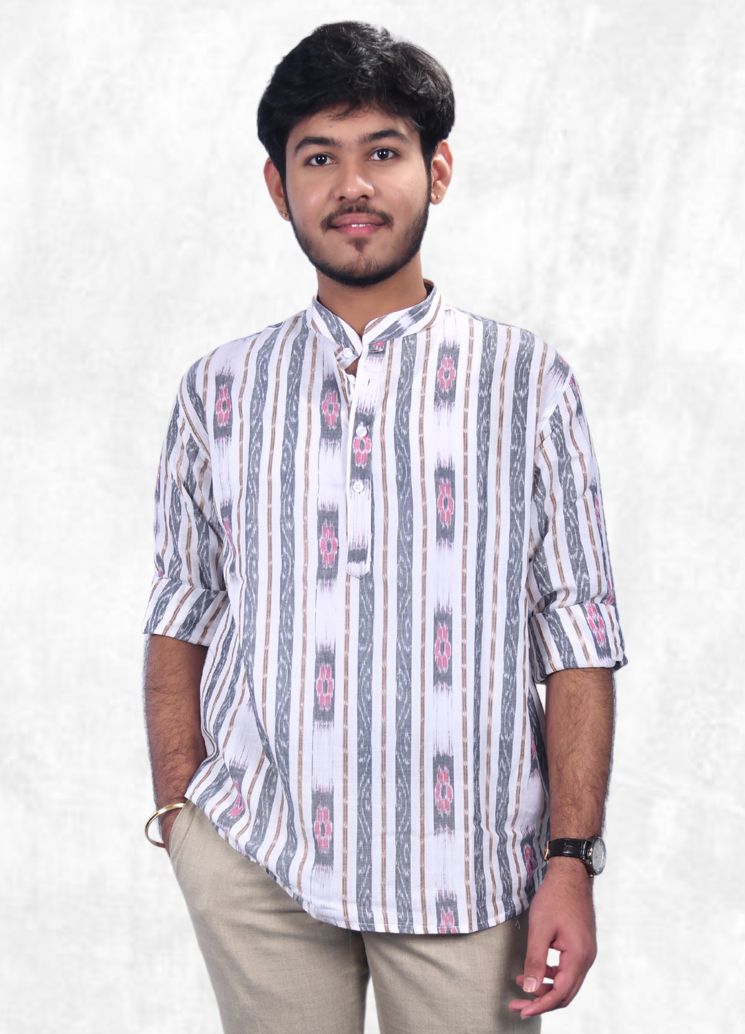Sambalpuri Handloom Full-sleeve Cotton Kurta for Men in White & Grey
