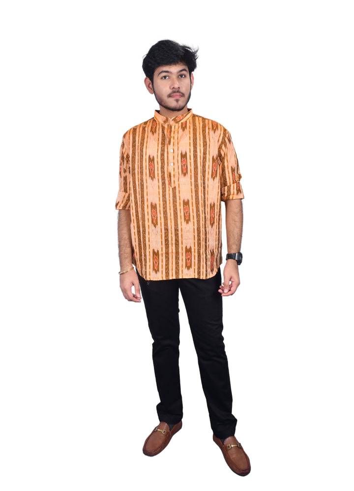 Sambalpuri Handloom Cotton Full-sleeve Short Kurta for Men in Beige