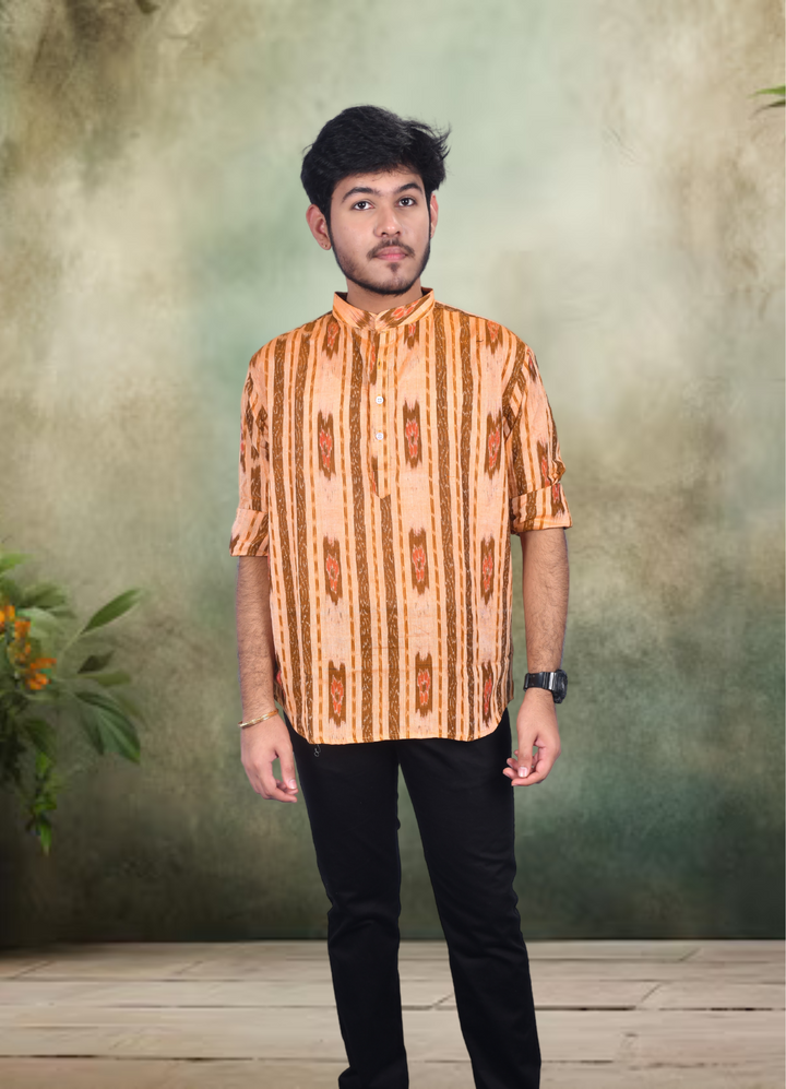 Sambalpuri Handloom Cotton Full-sleeve Short Kurta for Men in Beige