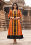 Sambalpuri Utkal Laxmi Heritage Gown – Yellow Red Flower design Ikat Gown with Sunrise Orange Edition
