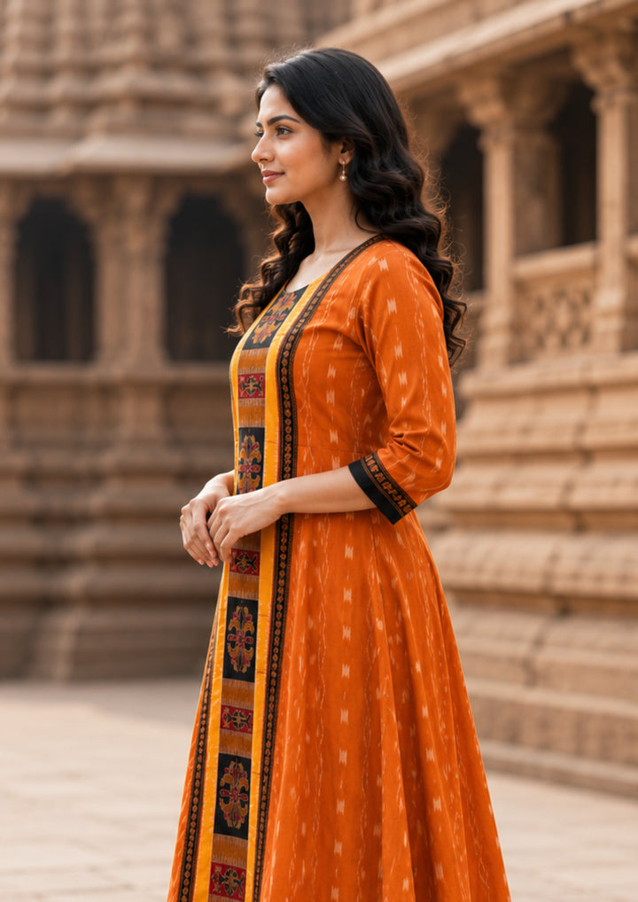 Sambalpuri Utkal Laxmi Heritage Gown – Yellow Red Flower design Ikat Gown with Sunrise Orange Edition