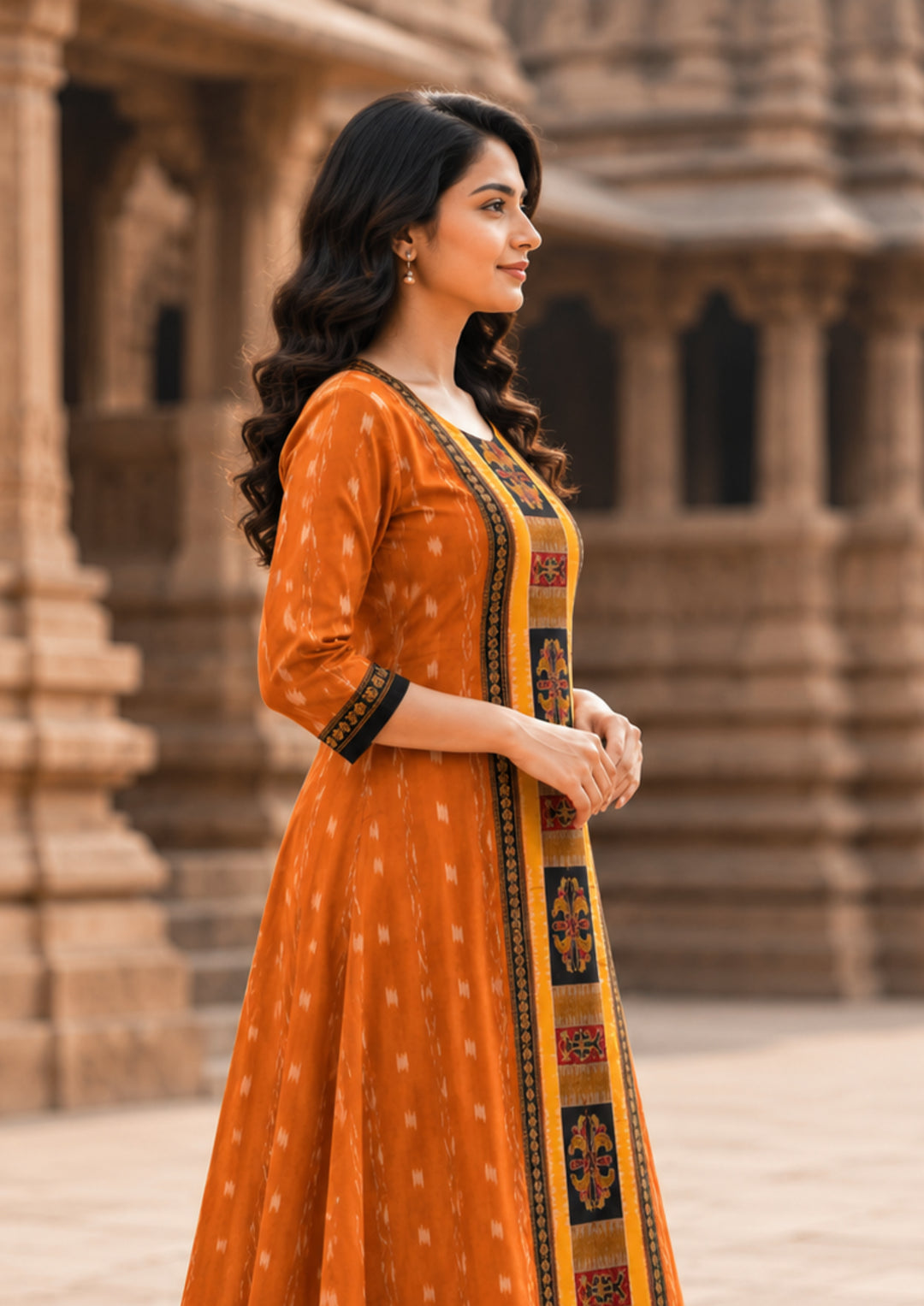 Sambalpuri Utkal Laxmi Heritage Gown – Yellow Red Flower design Ikat Gown with Sunrise Orange Edition