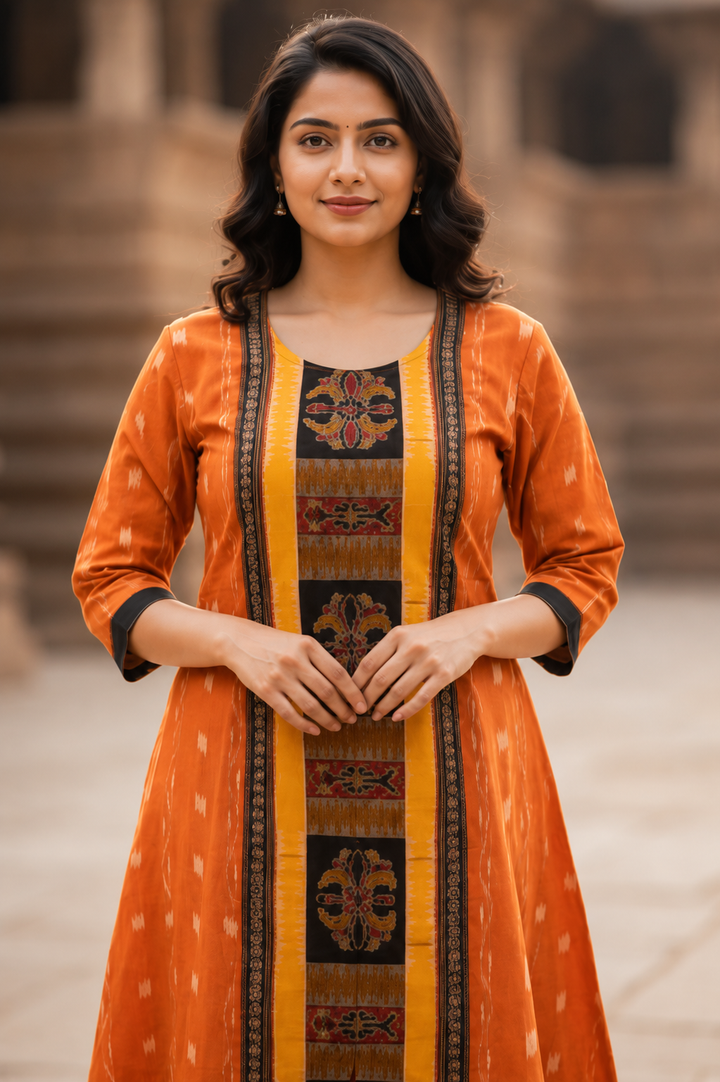 Sambalpuri Utkal Laxmi Heritage Gown – Yellow Red Flower design Ikat Gown with Sunrise Orange Edition
