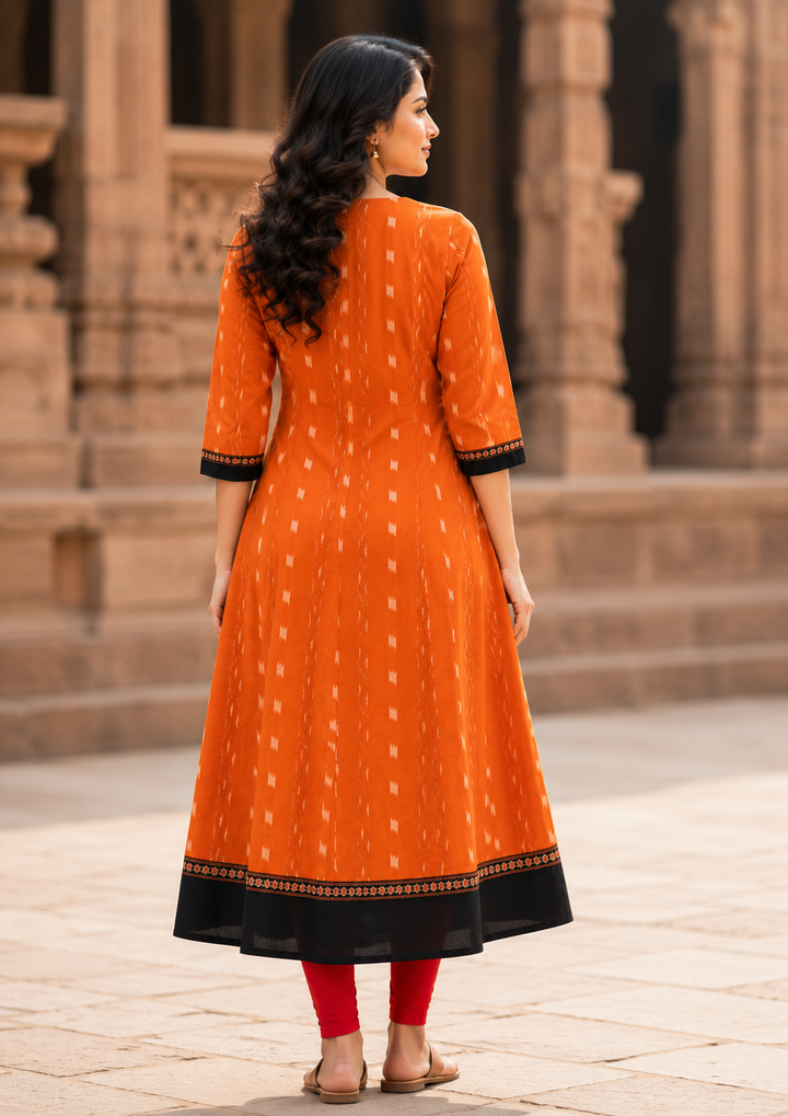 Sambalpuri Utkal Laxmi Heritage Gown – Yellow Red Flower design Ikat Gown with Sunrise Orange Edition
