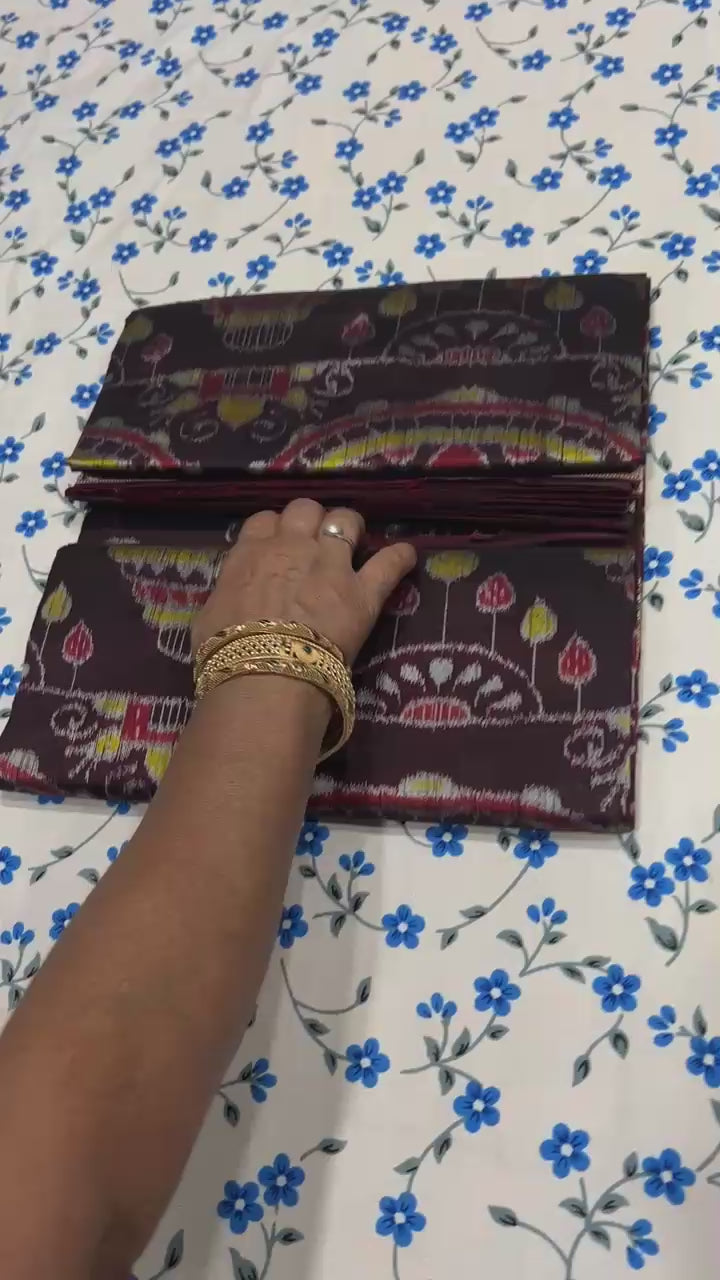 Handwoven Deep Chocolate Brown Sambalpuri Ikat Saree with Maroon Pallu