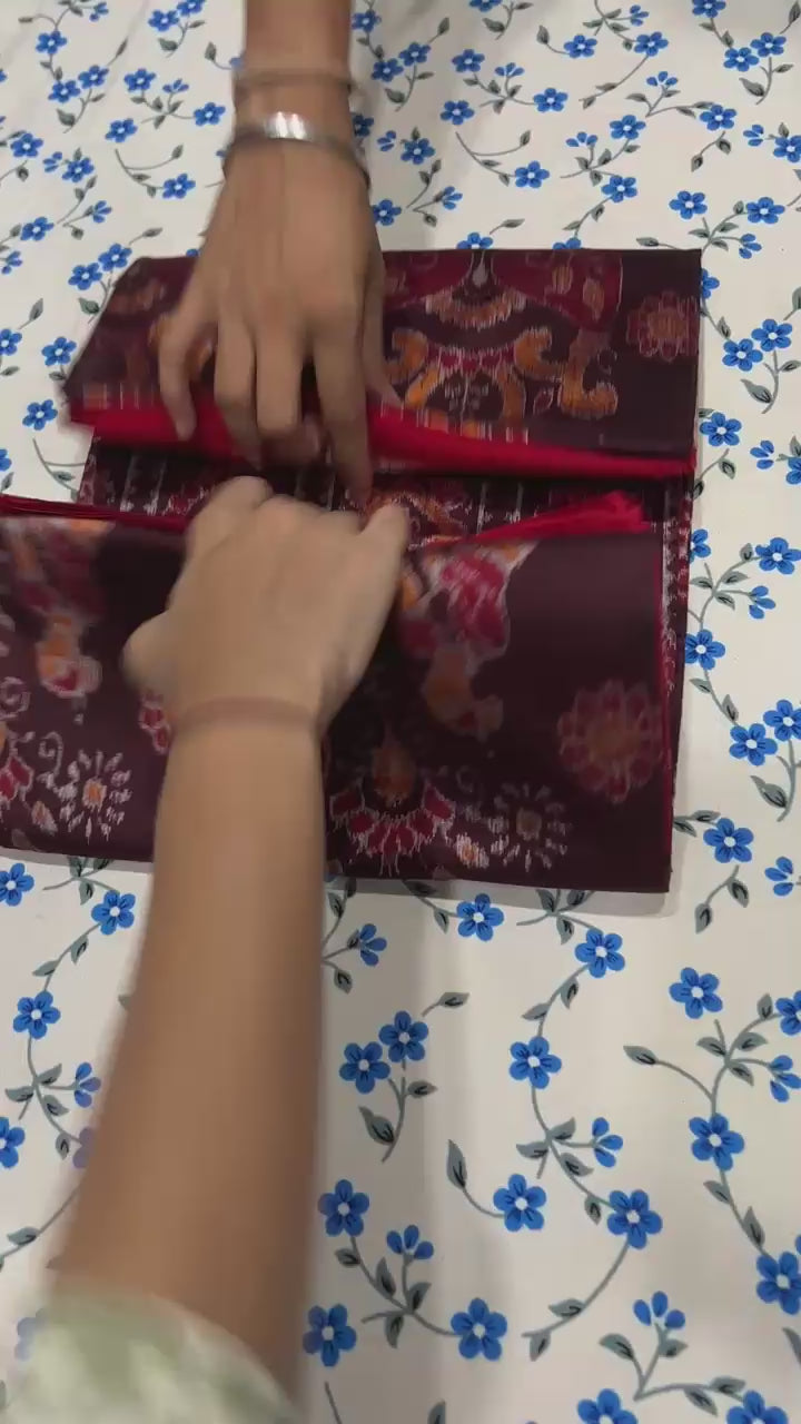 Handwoven Maroon Sambalpuri Patta Saree with Red Pallu and Tribal Motifs