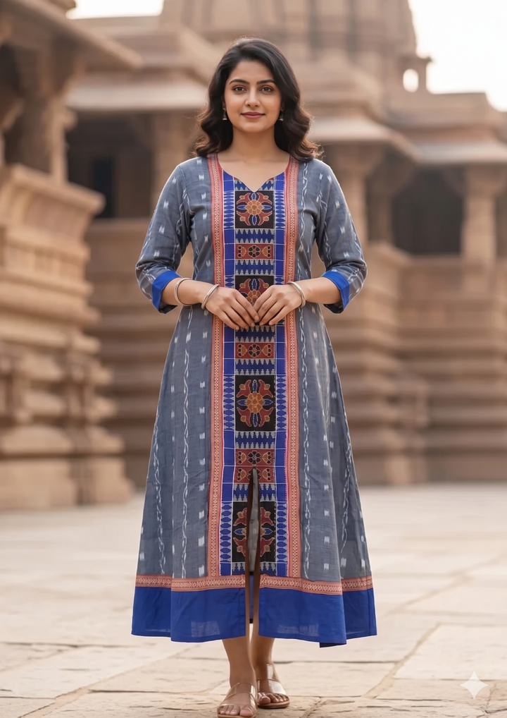 Sambalpuri Utkal Laxmi Heritage Gown – Blue Red Flower design Ikat Gown with Grey side cloth Edition